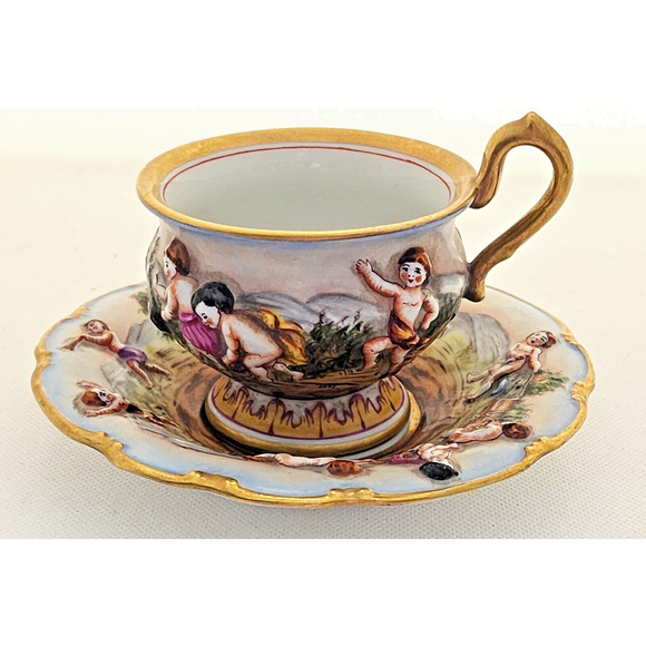 CUP & SAUCER-VON SCHIERHOLZ-CAPRI-3D Embossed-Cherubs-Unique Set-Gold Trim - Picture 1 of 16